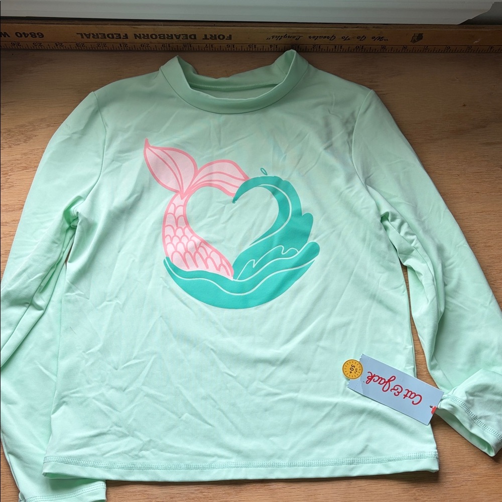Cat & Jack Mint Long-Sleeve Rash guard Top with Pink & Teal Mermaid Graphic